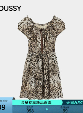MOUSSY 2026夏季新品美式复古豹纹泡泡袖收腰连衣裙028JSZ33-1015