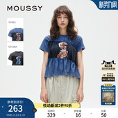 T恤010ISQ90 MOUSSY 撞色拼接捏褶收腰印花短袖 新品 2341 春季