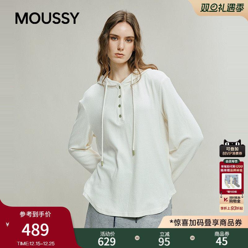 MOUSSY 2025冬季新品休闲慵懒风抽绳连帽亨利领卫衣028IAC80-1020