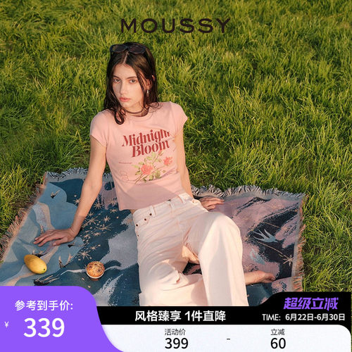 MOUSSY复古玫瑰字母正肩短袖T恤