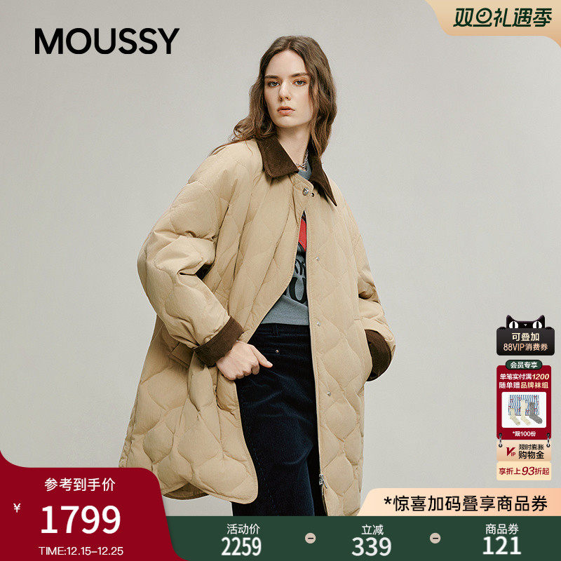 MOUSSY 2025冬季新品复古风撞色菱格90保暖羽绒服女028IAC30-1124