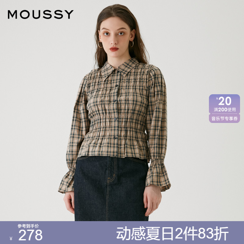 MOUSSY  法式复古格纹翻领泡泡袖收腰褶皱衬衫女028FAK30-5250 女装/女士精品 衬衫 原图主图