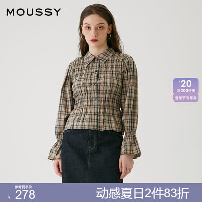 MOUSSY格纹泡泡袖收腰褶皱衬衫