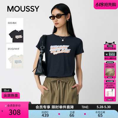 MOUSSY春季新品休闲风炫彩字母印花圆领短袖T恤010IA290-2291