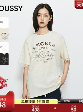 MOUSSY2026夏季新品慵懒复古风做旧字母印花短袖T恤028JSZ90-1045