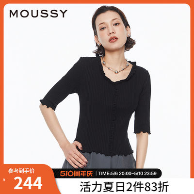 MOUSSY甜美木耳边五分袖针织上衣