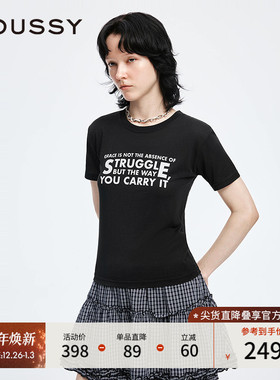 MOUSSY 2025早秋新品休闲风简约字母圆领短袖T恤女028IAA90-0641