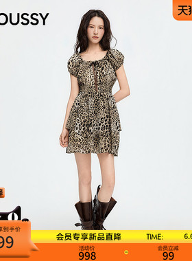 MOUSSY 2026夏季新品美式复古豹纹泡泡袖收腰连衣裙028JSZ33-1015