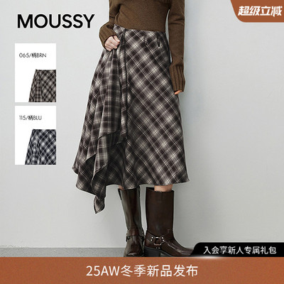 MOUSSY 2025秋冬新品复古格纹不规则裙摆长款半身裙028IAA31-1027
