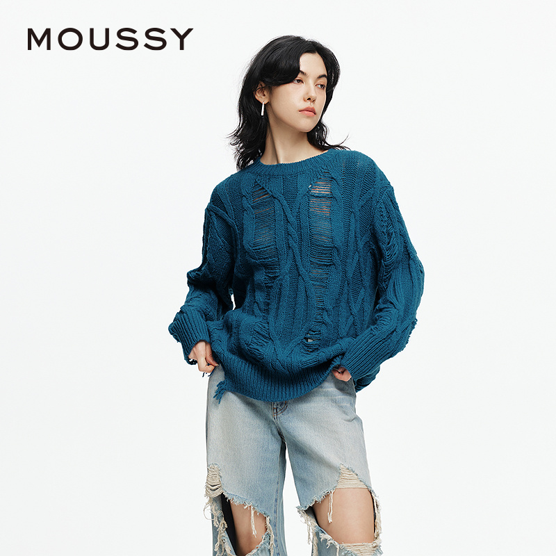 MOUSSY 冬季新品绞花镂空粗针棒破洞毛衣针织衫028ISX70-1771