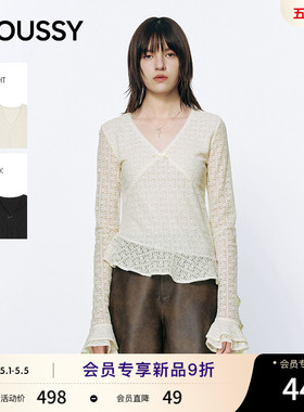 MOUSSY 2026春季新品温柔甜美风不规则荷叶边V领T恤028JSA80-1015