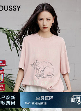 MOUSSY2026夏季新品甜系休闲风宽松猫咪印花短袖T恤028JSA90-1073