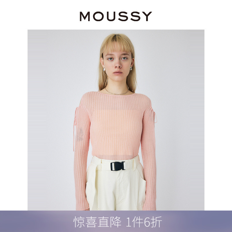 MOUSSY 春季新品甜美淑女露肩系带修身针织T恤010GS770-0310