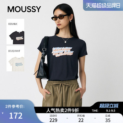 MOUSSY春季新品休闲风炫彩字母印花圆领短袖T恤010IA290-2291