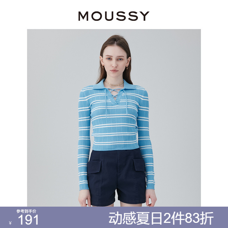 MOUSSY 通勤风撞色条纹半开领绑带修身短款针织衫女028GSZ70-0020 女装/女士精品 毛针织衫 原图主图