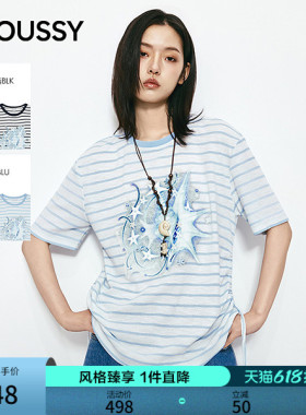 MOUSSY2026夏季新品清新文艺风海盐条纹印花短袖T恤028JSZ90-1064