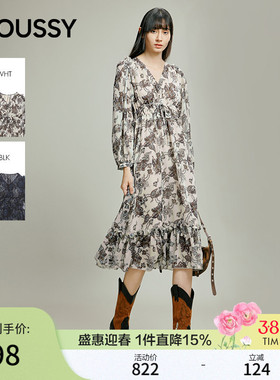 MOUSSY 秋季新品复古风花纹雪纺V领长袖连衣裙028IAB33-1010