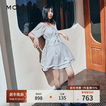 MOUSSY早秋新品甜美收腰一字肩系带条纹连衣裙028ISA33-4051