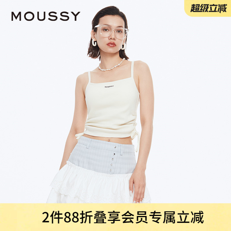 MOUSSY 夏季Y2K辣妹风logo抽绳系带吊带背心小上衣028HSZ90-1301