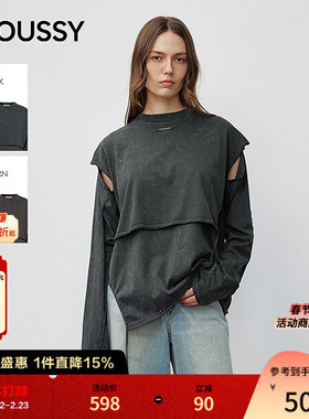 MOUSSY早秋新品甜酷层次感镂空圆领长袖T恤女028IAA80-1002