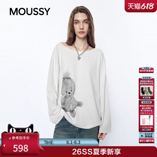 MOUSSY&Monchhichi合作款 2026夏季新品慵懒露肩T恤028JSZ01-1001