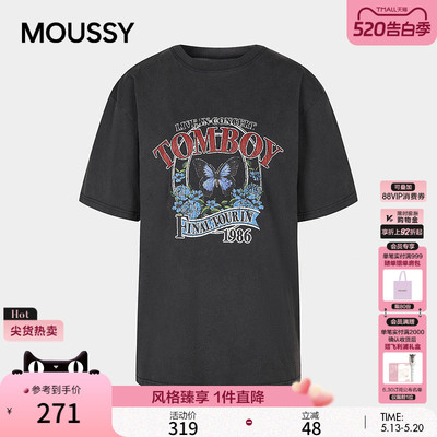 MOUSSY 早春新品裂纹玫瑰印花宽松圆领短袖T恤028ISZ90-0931