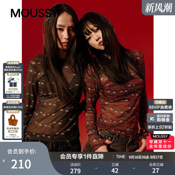 MOUSSY&Monchhichi合作款 秋季新品修身长袖T恤028IAA01-1019										