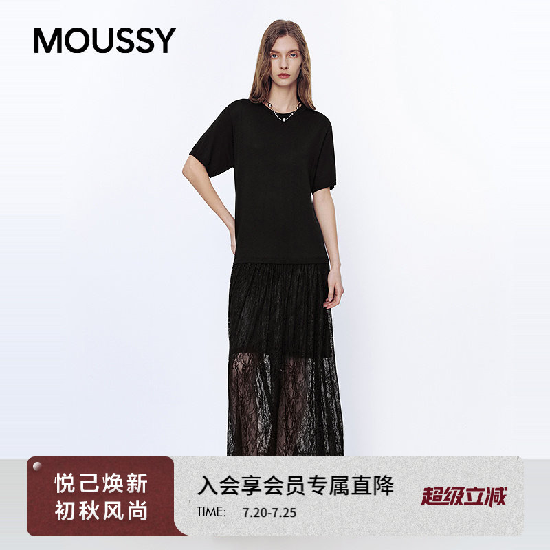 MOUSSY 2026春季新品温柔风蕾丝拼接圆领短袖连衣裙031JSA73-1001