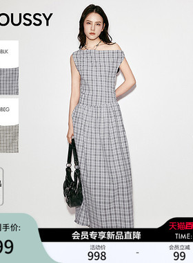 MOUSSY 2026夏季新品复古优雅格纹一字肩长款连衣裙028JSA33-1006