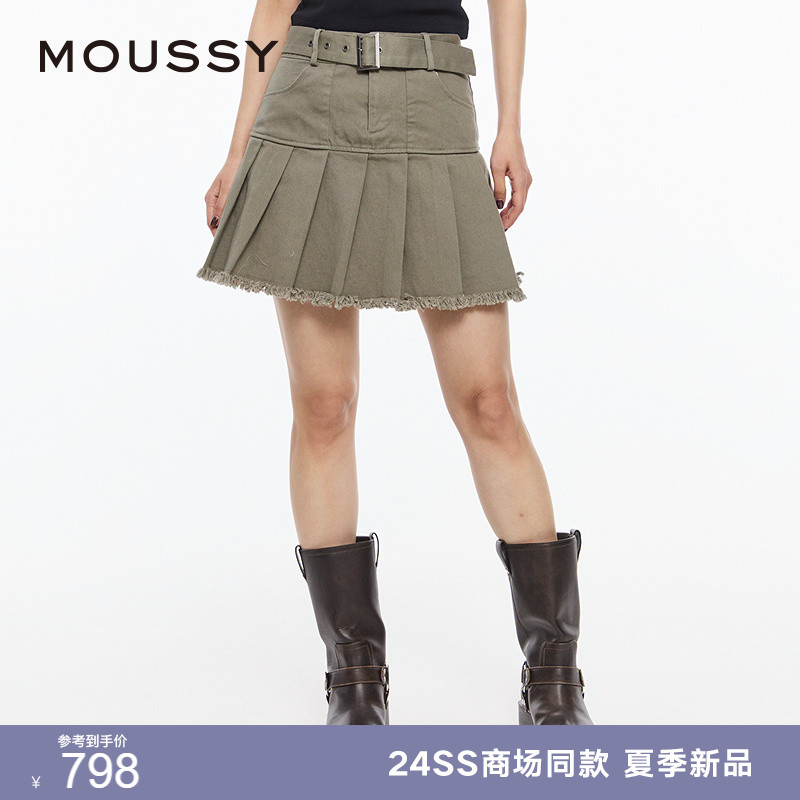 MOUSSY 2024夏季新品叛逆摇滚风水洗做旧腰带百褶裙028HSZ30-1011 女装/女士精品 半身裙 原图主图