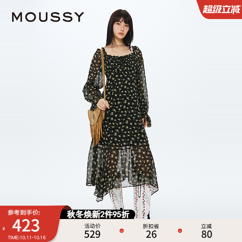 MOUSSY 2024春季新品南法度假风茶歇长袖连衣裙女028HSZ30-0521