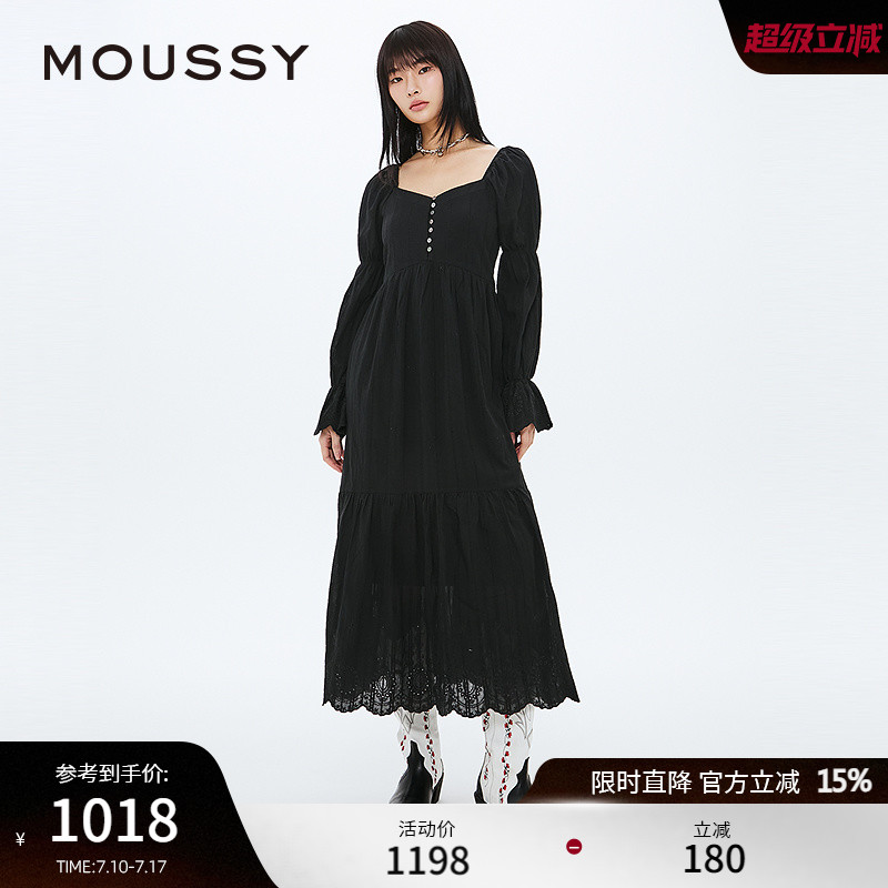 MOUSSY 2025夏季新品法式田园风泡泡袖长款连衣裙女028IS730-1561