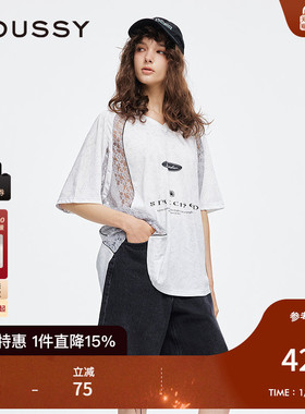 MOUSSY 2025夏季新品蕾丝拼接V领宽松篮球服印花T恤028ISA90-2921