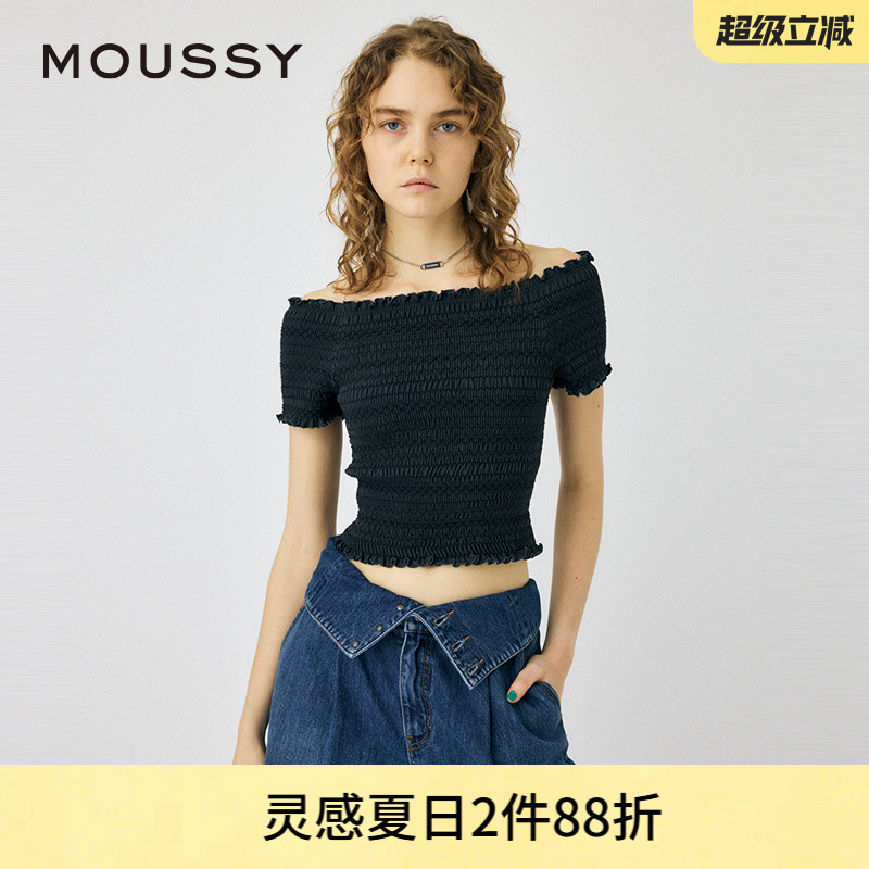 MOUSSY甜美日系荷叶边一字领上衣