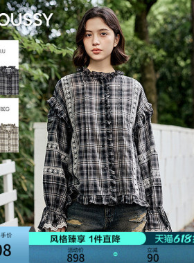MOUSSY 2026夏季新品甜酷风渐变格纹碎花蕾丝衬衫女028JSA30-1041