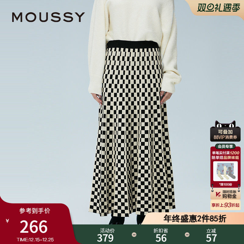 MOUSSY 冬季新品复古港风提花格纹针织裙半身裙028HAA70-2881