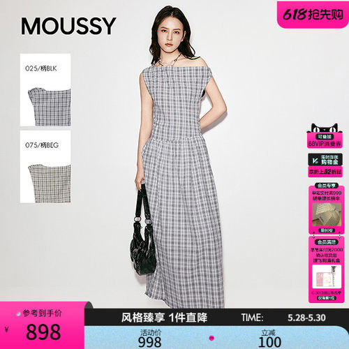 MOUSSY 2026夏季新品复古优雅格纹一字肩长款连衣裙028JSA33-1006