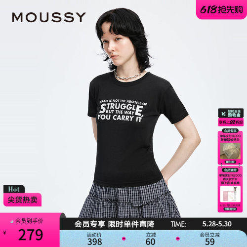 MOUSSY 早春新品休闲风简约字母圆领短袖T恤女028IAA90-0641