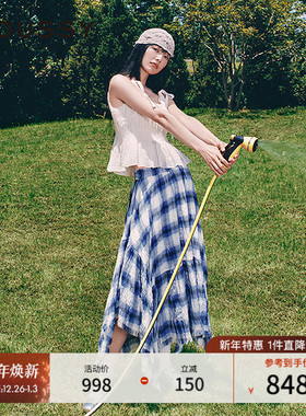 卢昱晓同款MOUSSY25秋新品甜美格子松紧不规则半裙028IAX31-1251