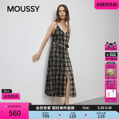 MOUSSY春季新品复古优雅风格子蕾丝拼接连衣裙028IAA33-1009
