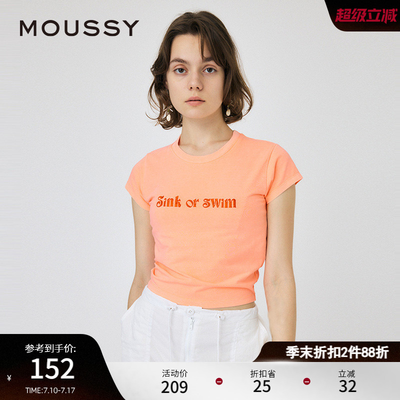 moussy多巴胺刺绣正肩短袖T恤