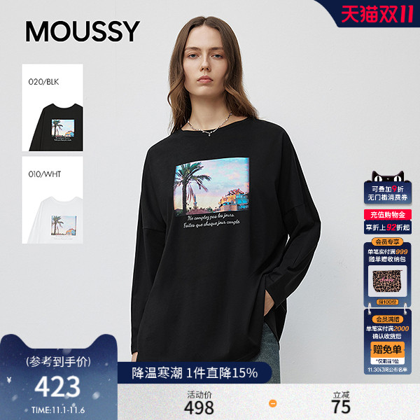 MOUSSY2025秋季新品美式风景印花圆领休闲长袖T恤女028ISB90-1012