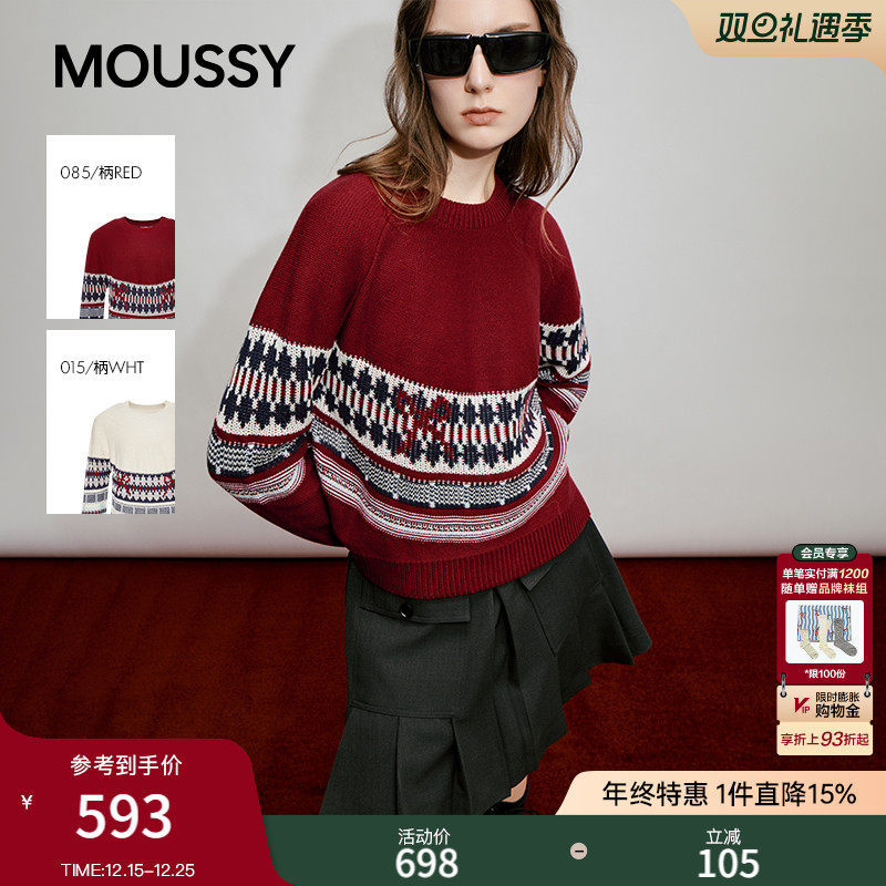 MOUSSY 2025冬季新品复古民族风花纹拼接撞色毛针织028IAA70-1611