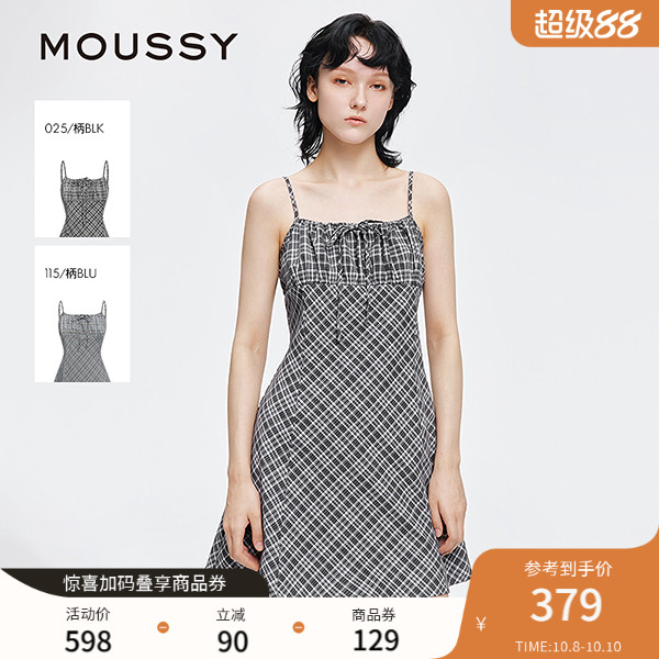 MOUSSY 2025早秋新品复古格子蝴蝶结修身吊带连衣裙028IAA33-1005