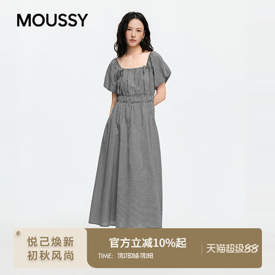 MOUSSY2026夏季新品法式优雅风方领泡泡袖A字连衣裙028JSA33-1028