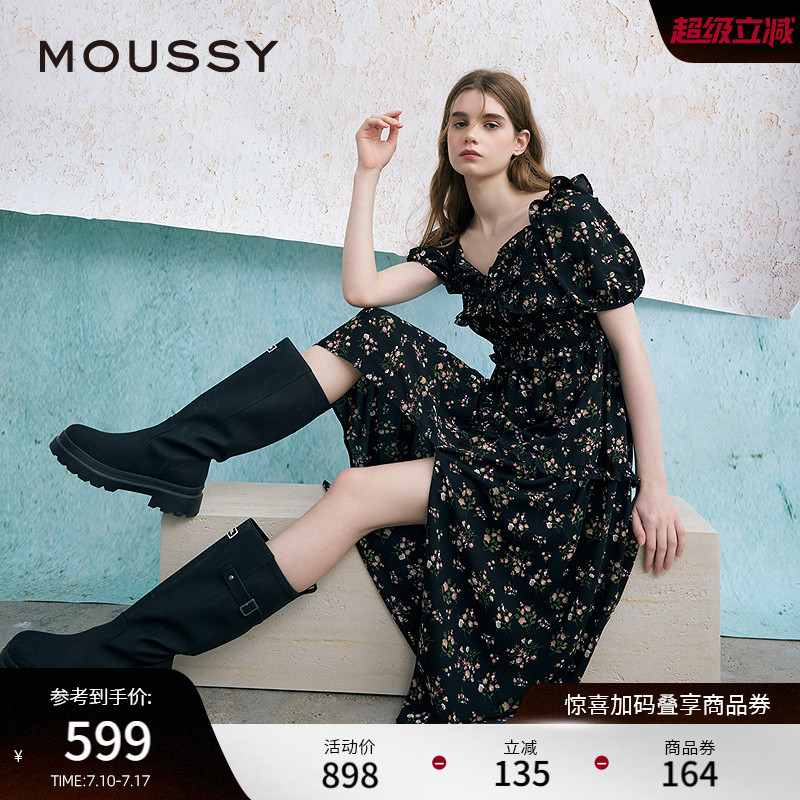 MOUSSY 2025夏季新品法式少女方領(lǐng)泡泡袖碎花連衣裙028ISA33-3301