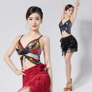 拉丁舞文胸上衣新款性感亮片吊带舞蹈服装演出服热舞表演蝴蝶舞衣