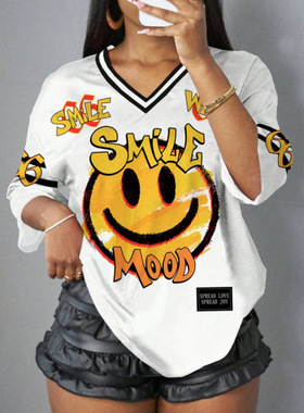 亚马逊欧美跨境宽松休闲笑脸字母和数字印花女式短袖运动T 恤潮流