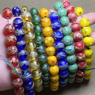 尼泊尔老琉璃珠子古法手工琉璃凤尾大孔圆珠散珠串文玩配饰