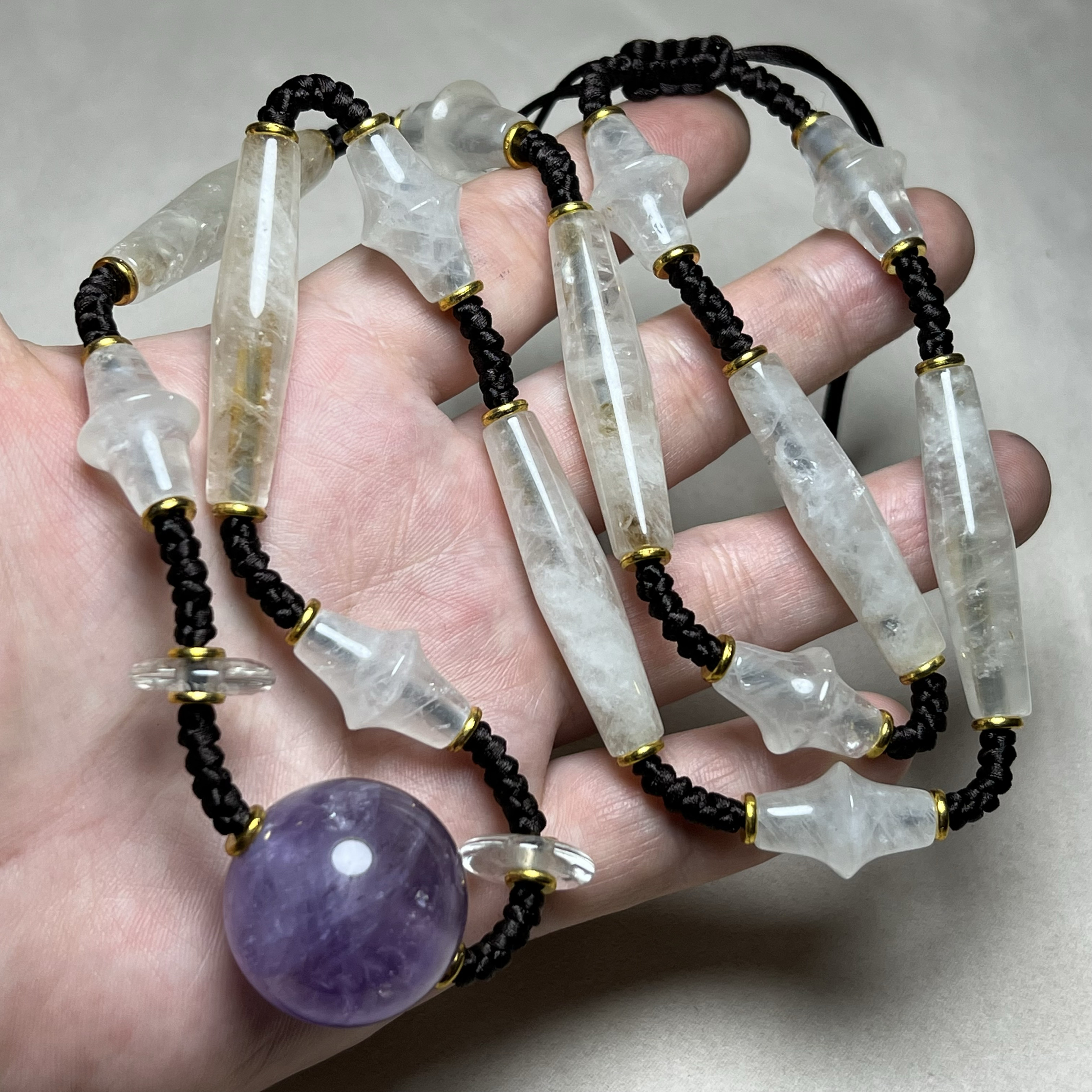 古玩文玩老料紫水晶转运球项链多圈手链毛衣链搭配多宝白水晶珠串